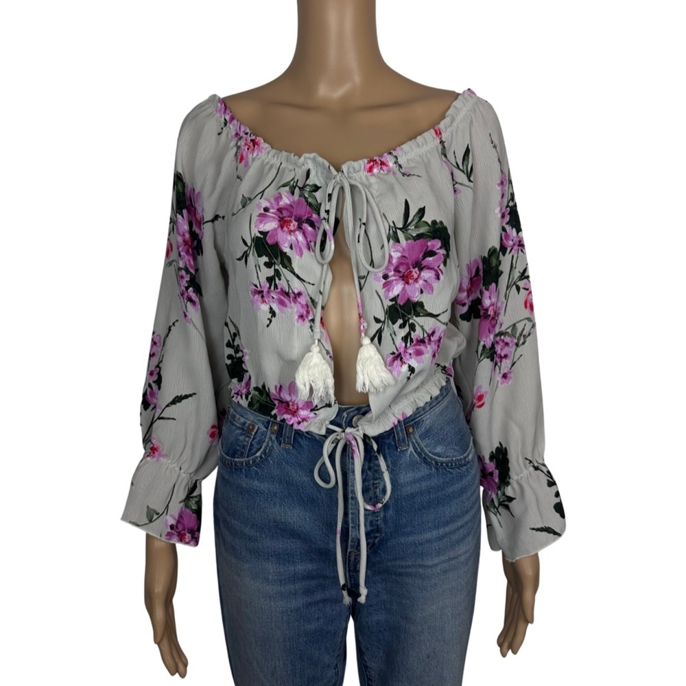 Womens Floral Off the Shoulder Long Sleeve Crop Top Size M